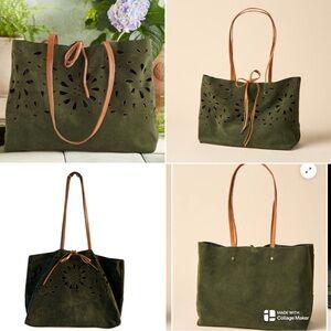 Sundance Laurier Olive Green Suede Tote Bag with Tan Straps